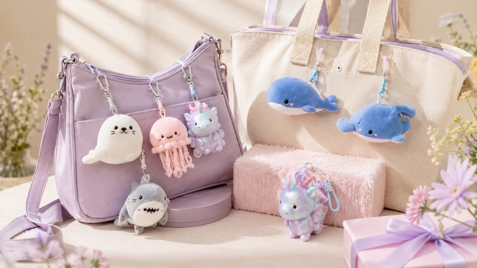 OddJoy plush bag charms displayed on lavender and cream bags