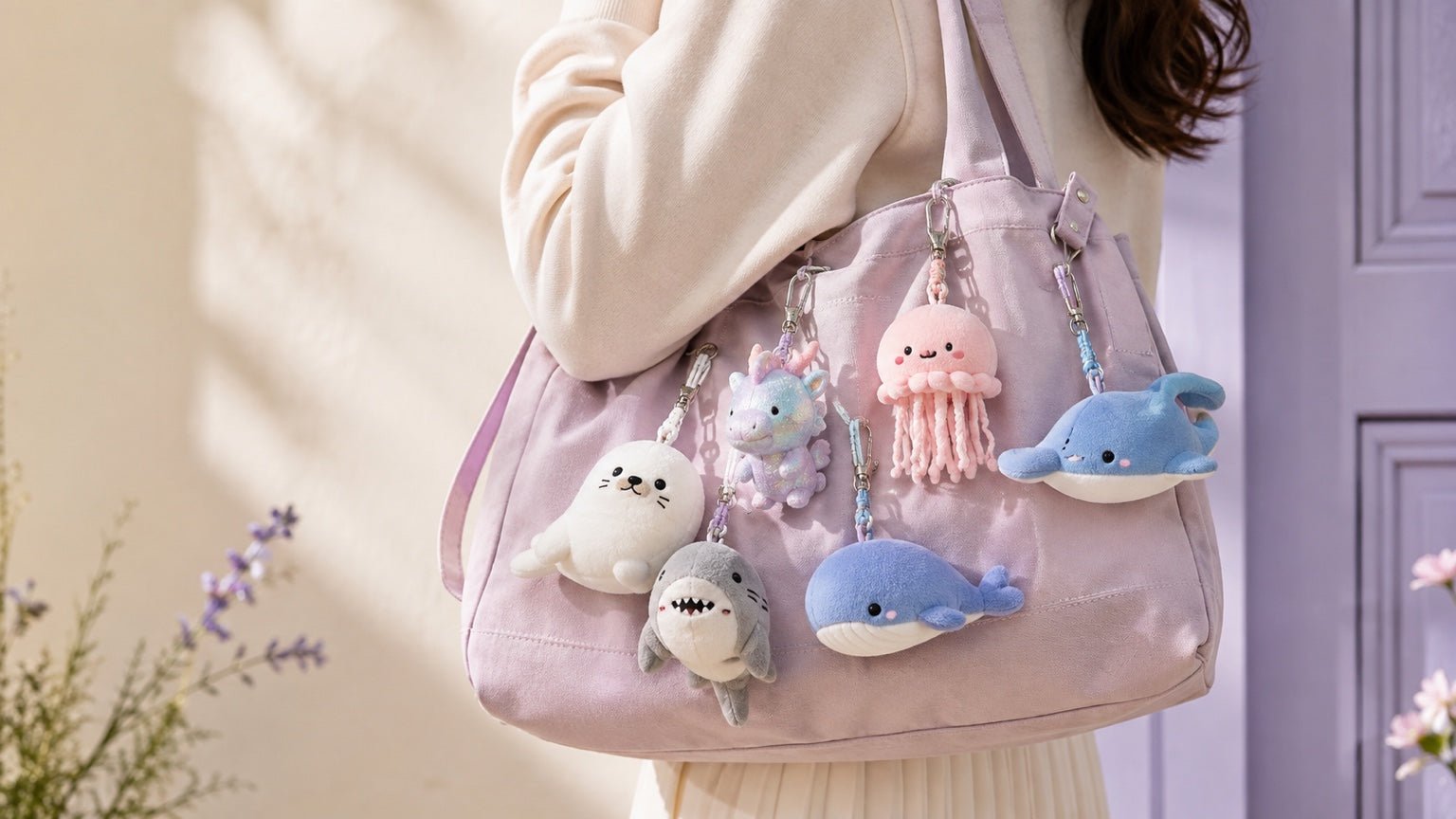 Lavender bag decorated with OddJoy plush bag charms